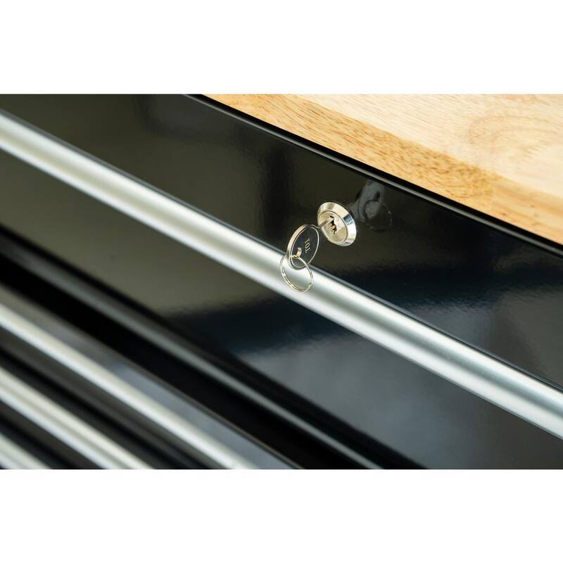 Banco de trabajo móvil Husky de 46 pulgadas x 25 pulgadas con 9 cajones y parte superior de madera ajustable en altura en color negro brillante - HOLC4609B11M