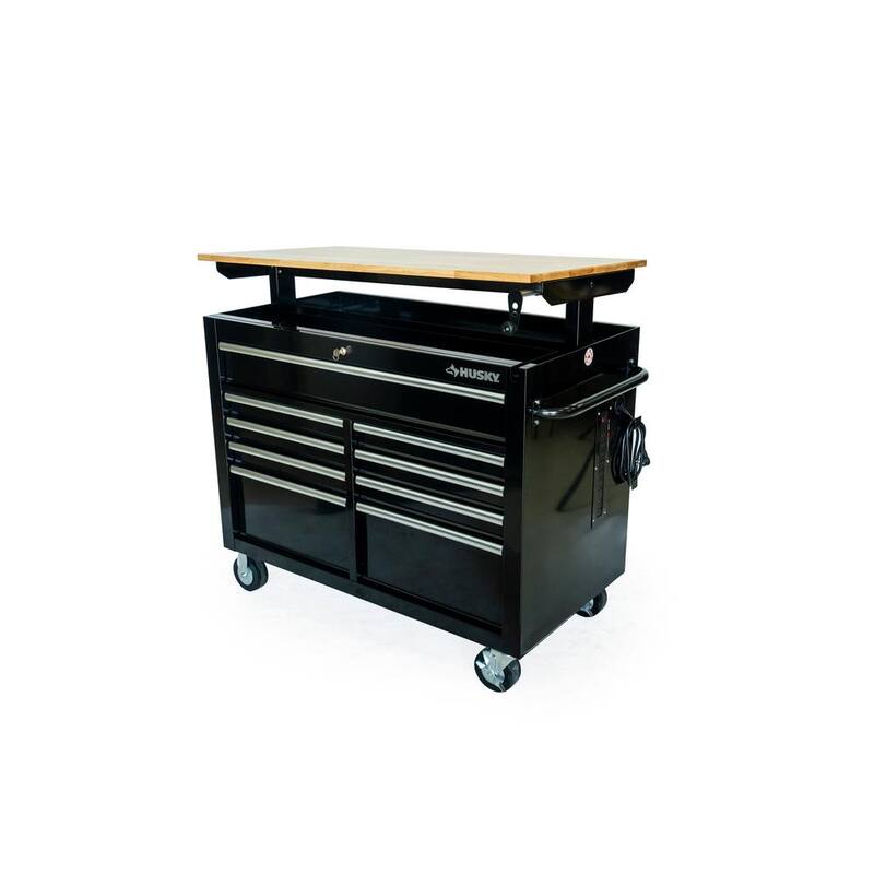 Banco de trabajo móvil Husky de 46 pulgadas x 25 pulgadas con 9 cajones y parte superior de madera ajustable en altura en color negro brillante - HOLC4609B11M