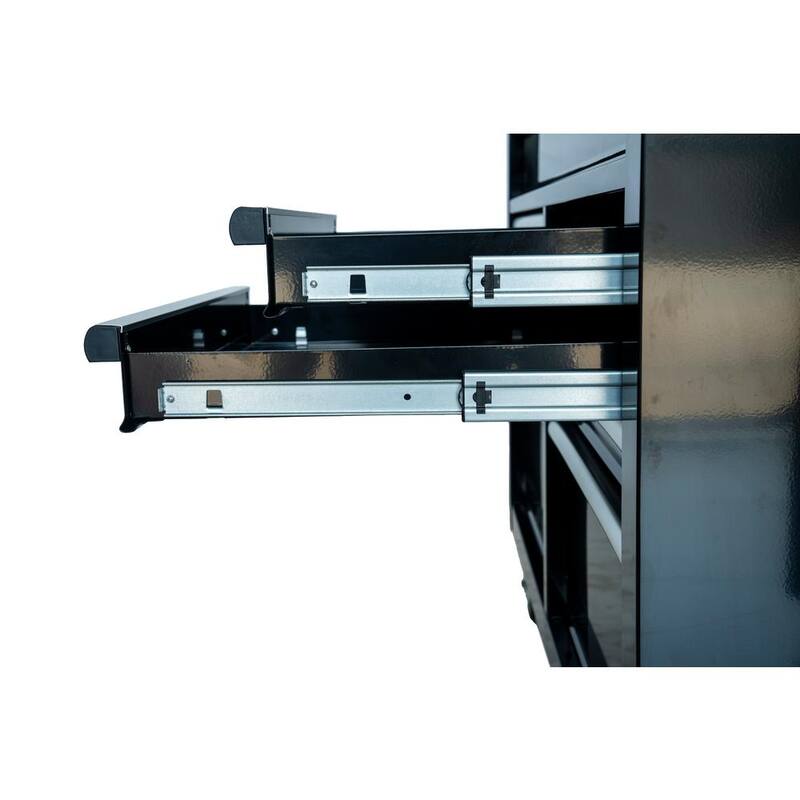 Banco de trabajo móvil Husky de 46 pulgadas x 25 pulgadas con 9 cajones y parte superior de madera ajustable en altura en color negro brillante - HOLC4609B11M