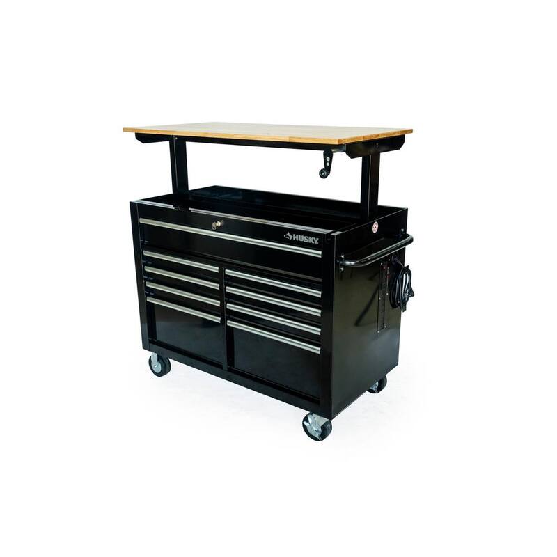 Banco de trabajo móvil Husky de 46 pulgadas x 25 pulgadas con 9 cajones y parte superior de madera ajustable en altura en color negro brillante - HOLC4609B11M