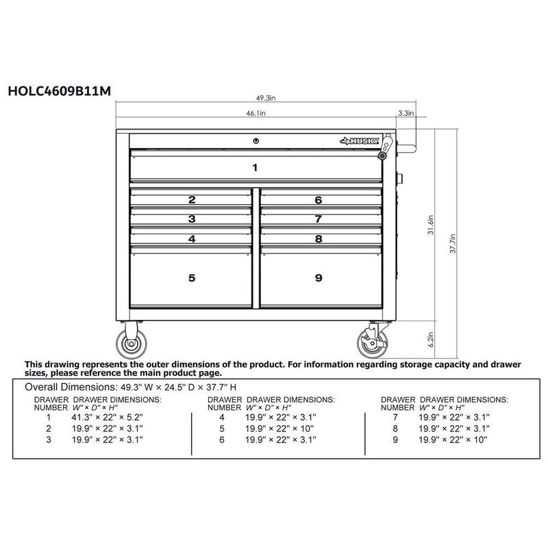 Banco de trabajo móvil Husky de 46 pulgadas x 25 pulgadas con 9 cajones y parte superior de madera ajustable en altura en color negro brillante - HOLC4609B11M