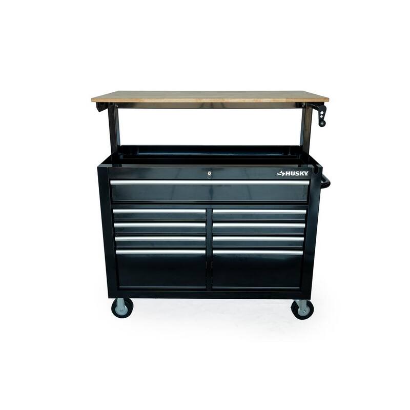 Banco de trabajo móvil Husky de 46 pulgadas x 25 pulgadas con 9 cajones y parte superior de madera ajustable en altura en color negro brillante - HOLC4609B11M