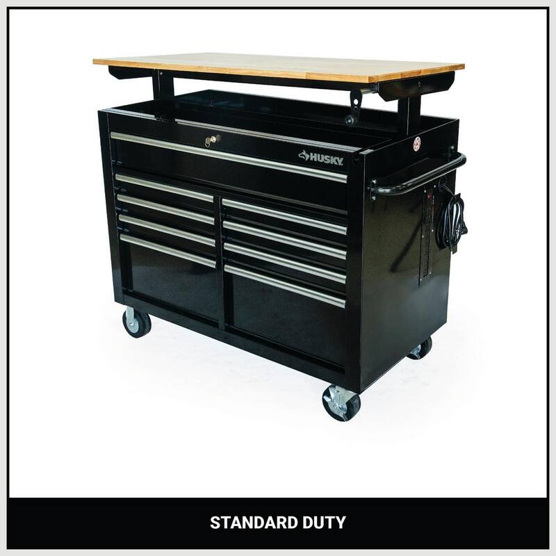 Banco de trabajo móvil Husky de 46 pulgadas x 25 pulgadas con 9 cajones y parte superior de madera ajustable en altura en color negro brillante - HOLC4609B11M