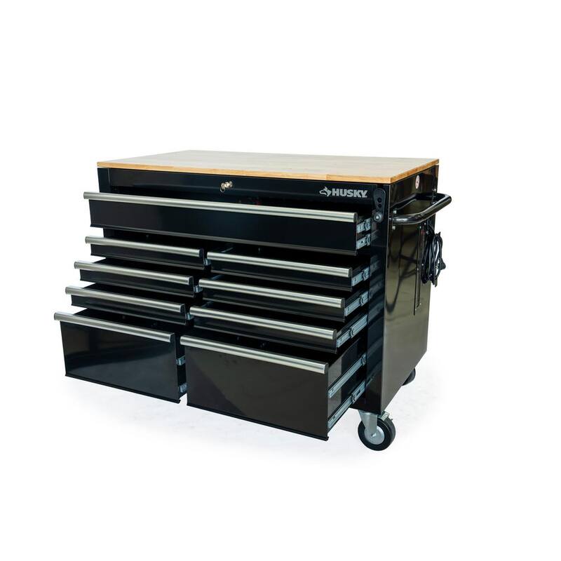 Banco de trabajo móvil Husky de 46 pulgadas x 25 pulgadas con 9 cajones y parte superior de madera ajustable en altura en color negro brillante - HOLC4609B11M