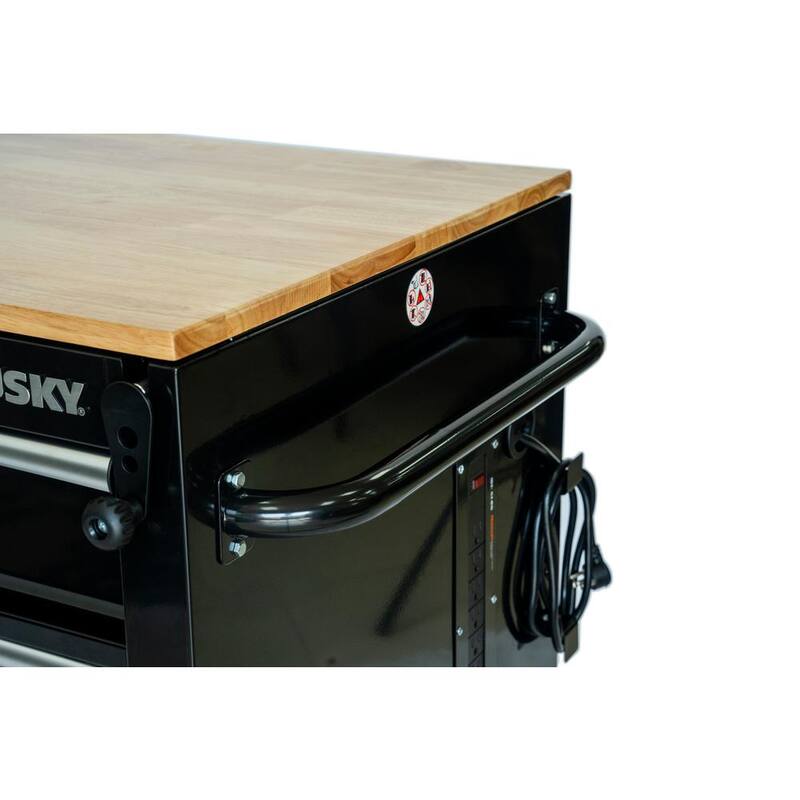 Banco de trabajo móvil Husky de 46 pulgadas x 25 pulgadas con 9 cajones y parte superior de madera ajustable en altura en color negro brillante - HOLC4609B11M