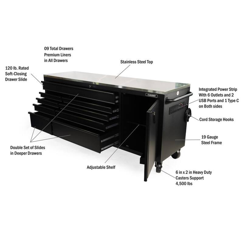 Banco de trabajo móvil Husky de servicio pesado con 9 cajones, tapa de acero inoxidable en negro mate de 84 pulgadas de ancho por 24 pulgadas de profundidad - HOTC8409BB1M