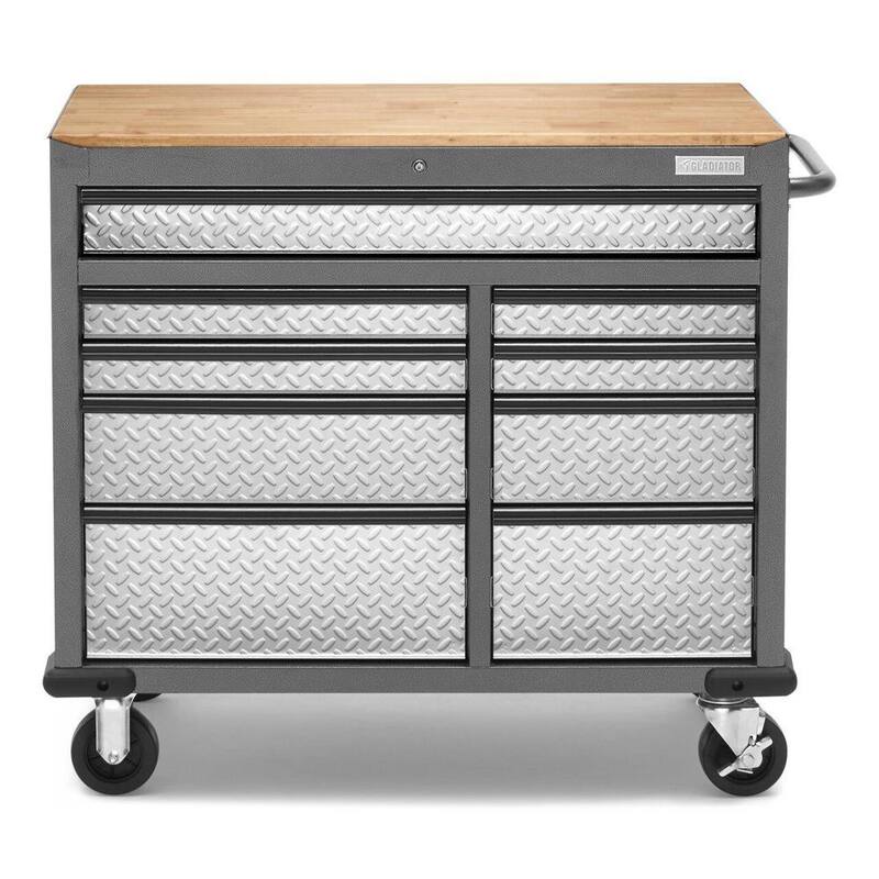 Banco de trabajo móvil para herramientas con 9 cajones y tapa de madera sólida de 41 pulgadas de ancho por 39 pulgadas de profundidad - GAMT41HWJG.
