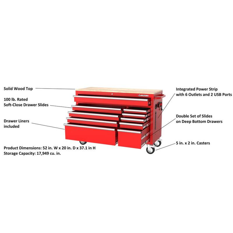 Gabinete de banco de trabajo móvil Husky Modular Tool Storage de 52 pulgadas de ancho x 20 pulgadas de profundidad en rojo de servicio estándar - H52MWC10MODRED