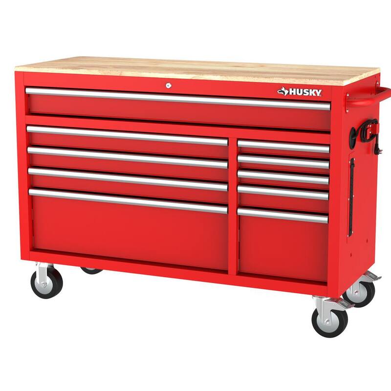 Gabinete de banco de trabajo móvil Husky Modular Tool Storage de 52 pulgadas de ancho x 20 pulgadas de profundidad en rojo de servicio estándar - H52MWC10MODRED