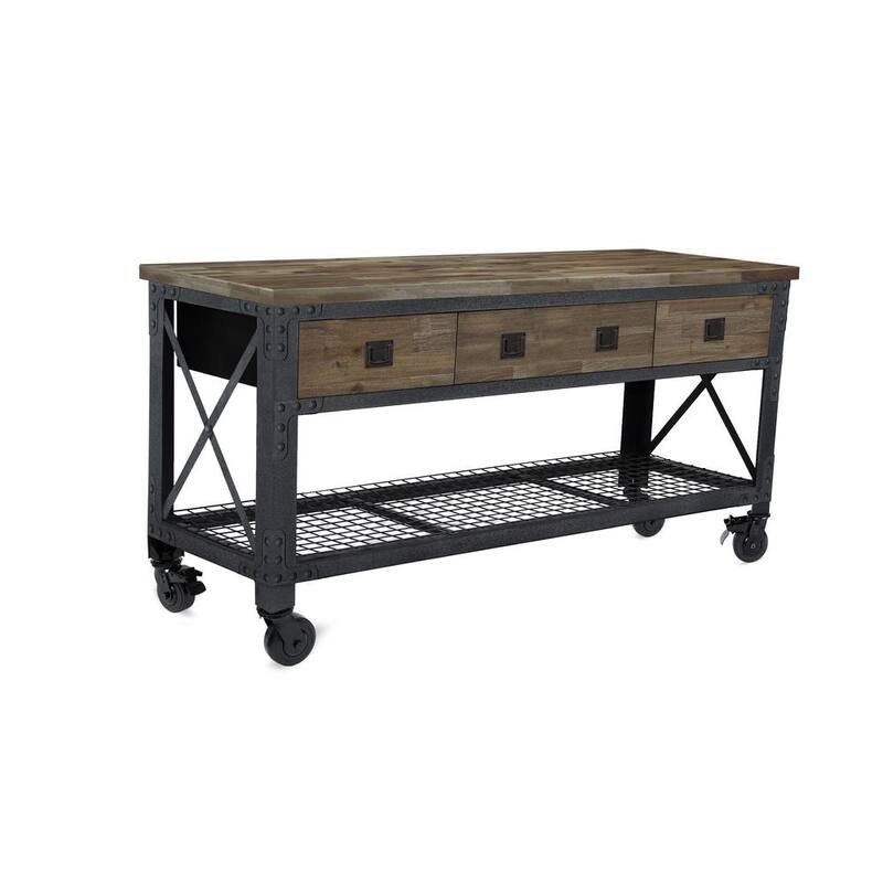 Productos para la construcción Duramax de 72 pulgadas de ancho x 24 pulgadas de profundidad, banco de trabajo industrial rodante de 3 cajones con parte superior de madera en tono Macadamia Envejecida - 68001M