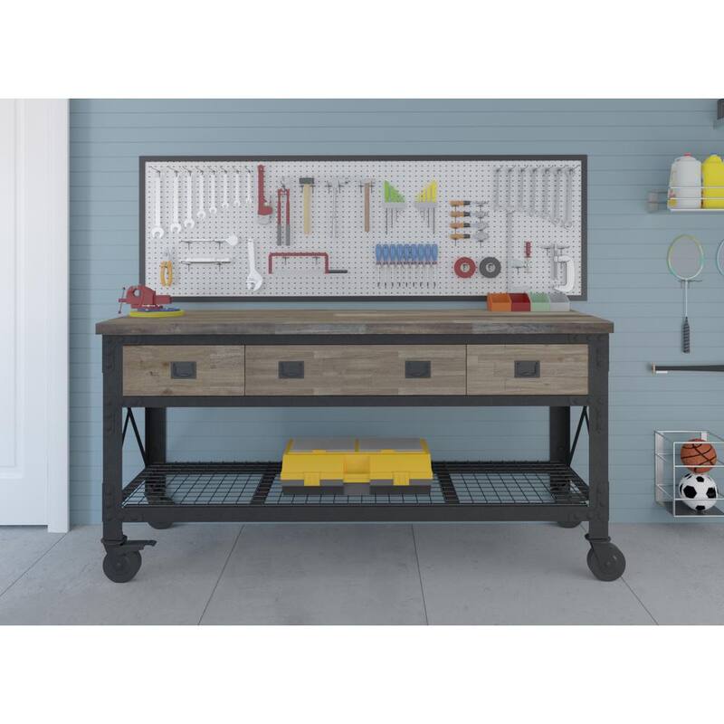 Productos para la construcción Duramax de 72 pulgadas de ancho x 24 pulgadas de profundidad, banco de trabajo industrial rodante de 3 cajones con parte superior de madera en tono Macadamia Envejecida - 68001M