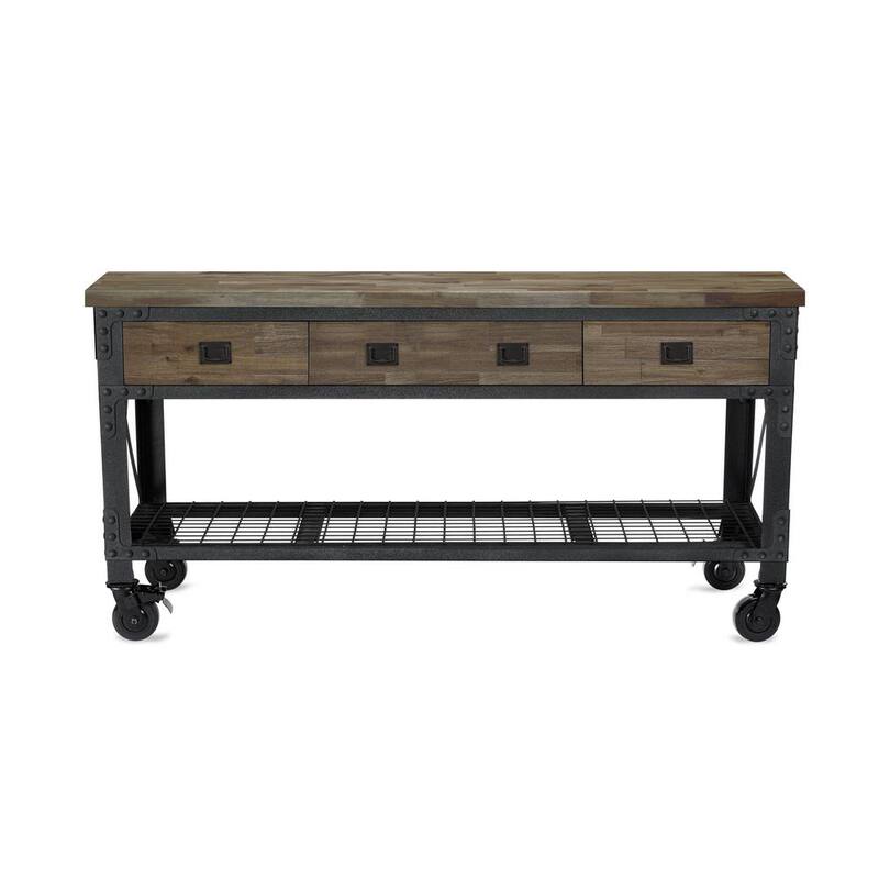 Productos para la construcción Duramax de 72 pulgadas de ancho x 24 pulgadas de profundidad, banco de trabajo industrial rodante de 3 cajones con parte superior de madera en tono Macadamia Envejecida - 68001M