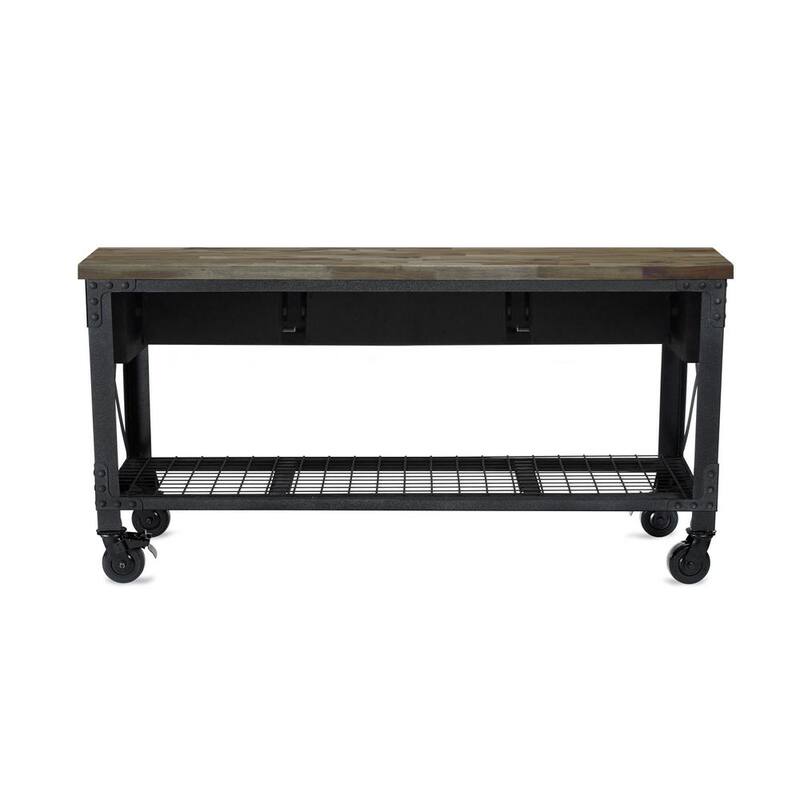 Productos para la construcción Duramax de 72 pulgadas de ancho x 24 pulgadas de profundidad, banco de trabajo industrial rodante de 3 cajones con parte superior de madera en tono Macadamia Envejecida - 68001M