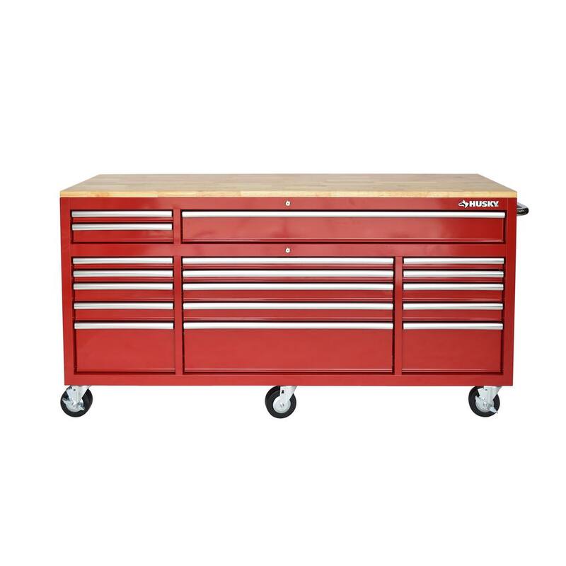 Almacenamiento de herramientas Husky 72 pulgadas de ancho x 21 pulgadas de largo gabinete de herramientas móvil con banco de trabajo estándar y acabado brillante en color rojo - HOTC7218B21M