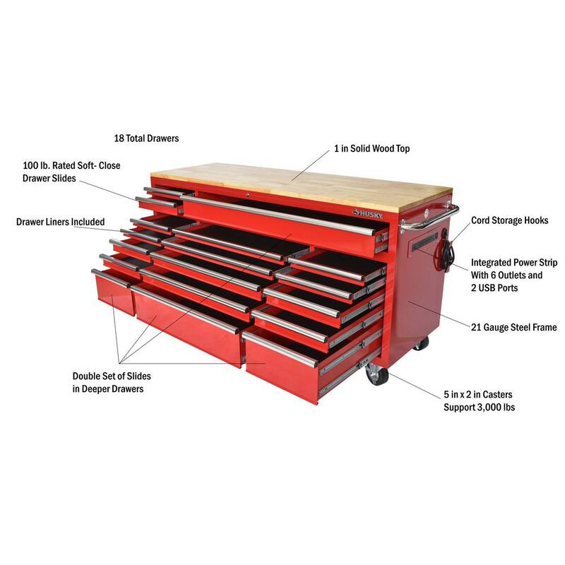 Almacenamiento de herramientas Husky 72 pulgadas de ancho x 21 pulgadas de largo gabinete de herramientas móvil con banco de trabajo estándar y acabado brillante en color rojo - HOTC7218B21M