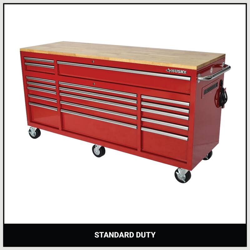 Almacenamiento de herramientas Husky 72 pulgadas de ancho x 21 pulgadas de largo gabinete de herramientas móvil con banco de trabajo estándar y acabado brillante en color rojo - HOTC7218B21M