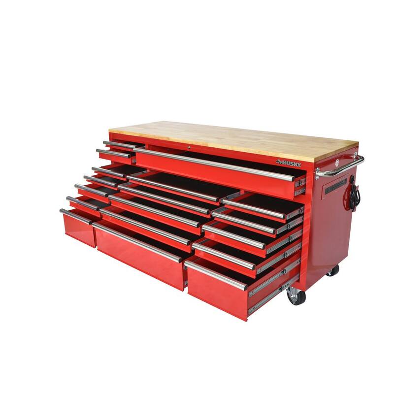 Almacenamiento de herramientas Husky 72 pulgadas de ancho x 21 pulgadas de largo gabinete de herramientas móvil con banco de trabajo estándar y acabado brillante en color rojo - HOTC7218B21M