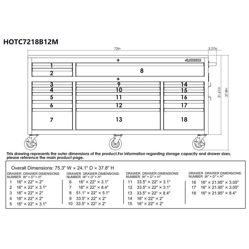 Almacenamiento de herramientas Husky 72 pulgadas de ancho x 21 pulgadas de largo gabinete de herramientas móvil con banco de trabajo estándar y acabado brillante en color rojo - HOTC7218B21M