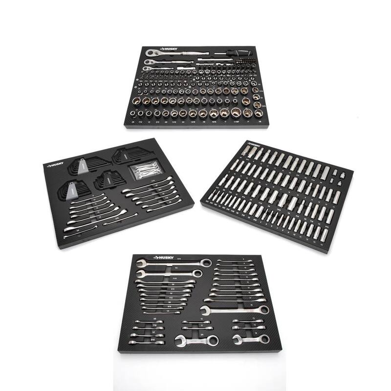 Banco de trabajo móvil Husky de 52 pulgadas de ancho x 25 pulgadas de profundidad con 9 cajones, acabado en negro brillante y juego de herramientas para mecánicos en espuma (320 piezas) - H320EVA52MWBBKCB