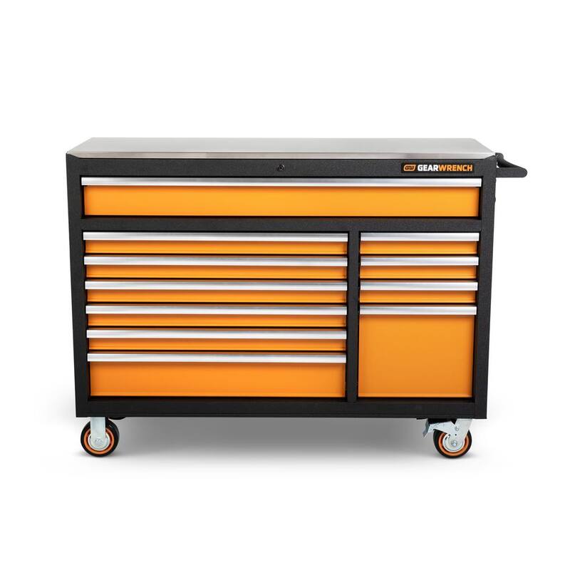 Caja de herramientas con ruedas de acero recubierto en polvo de color naranja y negro de GEARWRENCH GSX de 52 pulgadas de ancho x 18 pulgadas de profundidad con 11 cajones y encimera de acero inoxidable - 83247