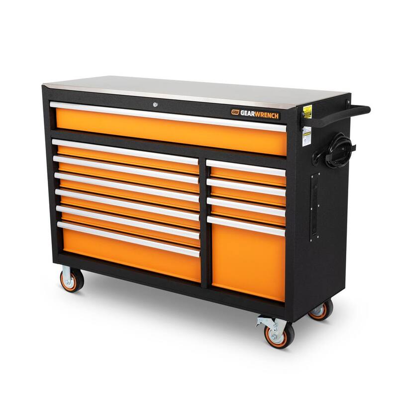 Caja de herramientas con ruedas de acero recubierto en polvo de color naranja y negro de GEARWRENCH GSX de 52 pulgadas de ancho x 18 pulgadas de profundidad con 11 cajones y encimera de acero inoxidable - 83247