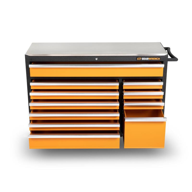 Caja de herramientas con ruedas de acero recubierto en polvo de color naranja y negro de GEARWRENCH GSX de 52 pulgadas de ancho x 18 pulgadas de profundidad con 11 cajones y encimera de acero inoxidable - 83247