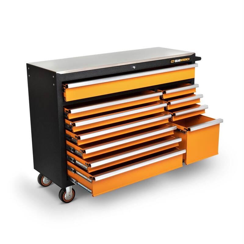 Caja de herramientas con ruedas de acero recubierto en polvo de color naranja y negro de GEARWRENCH GSX de 52 pulgadas de ancho x 18 pulgadas de profundidad con 11 cajones y encimera de acero inoxidable - 83247