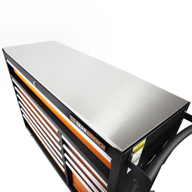 Caja de herramientas con ruedas de acero recubierto en polvo de color naranja y negro de GEARWRENCH GSX de 52 pulgadas de ancho x 18 pulgadas de profundidad con 11 cajones y encimera de acero inoxidable - 83247