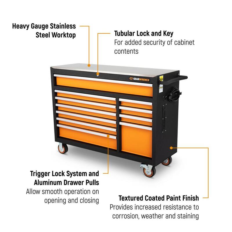 Caja de herramientas con ruedas de acero recubierto en polvo de color naranja y negro de GEARWRENCH GSX de 52 pulgadas de ancho x 18 pulgadas de profundidad con 11 cajones y encimera de acero inoxidable - 83247