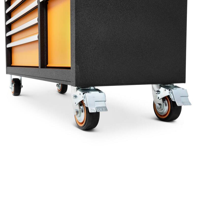 Caja de herramientas con ruedas de acero recubierto en polvo de color naranja y negro de GEARWRENCH GSX de 52 pulgadas de ancho x 18 pulgadas de profundidad con 11 cajones y encimera de acero inoxidable - 83247