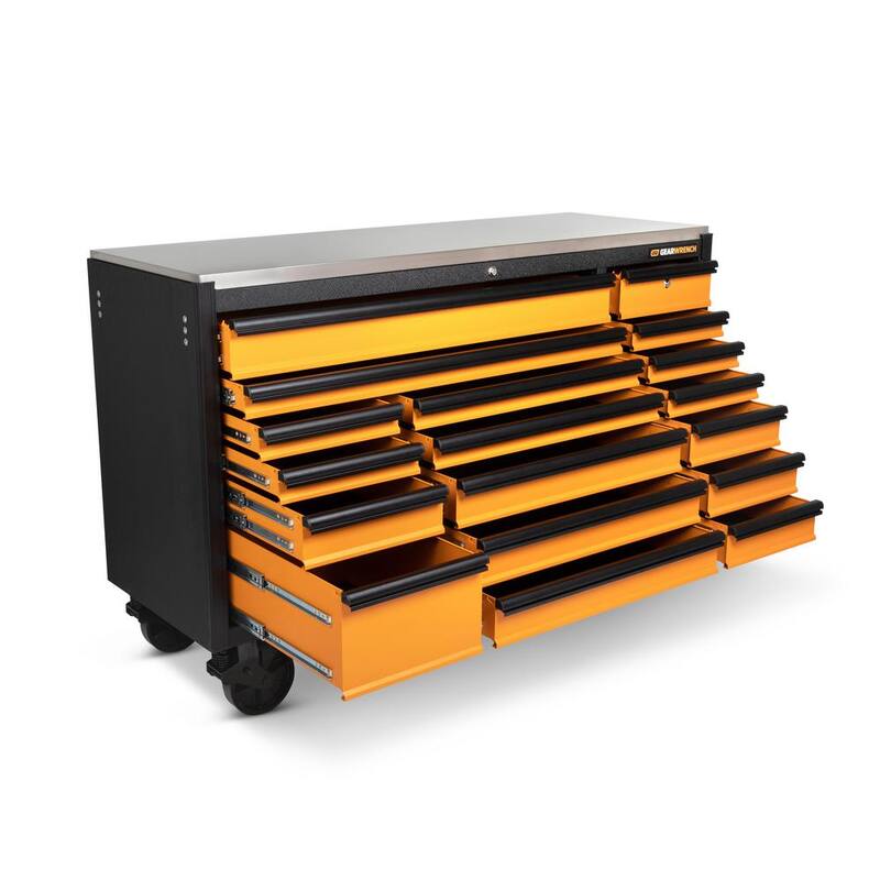 Gabinete rodante de herramientas de 72 pulgadas de ancho x 25 pulgadas de profundidad con 18 cajones en color naranja y negro, con encimera de acero inoxidable y jaladeras negras