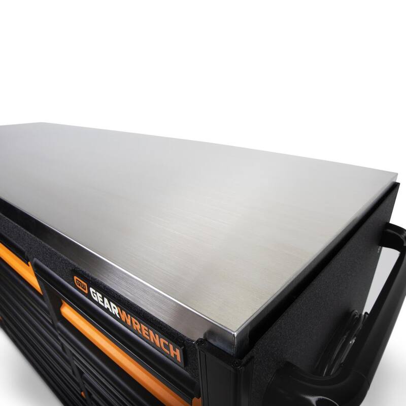 Gabinete rodante de herramientas de 72 pulgadas de ancho x 25 pulgadas de profundidad con 18 cajones en color naranja y negro, con encimera de acero inoxidable y jaladeras negras