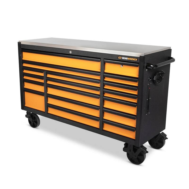 Gabinete rodante de herramientas de 72 pulgadas de ancho x 25 pulgadas de profundidad con 18 cajones en color naranja y negro, con encimera de acero inoxidable y jaladeras negras