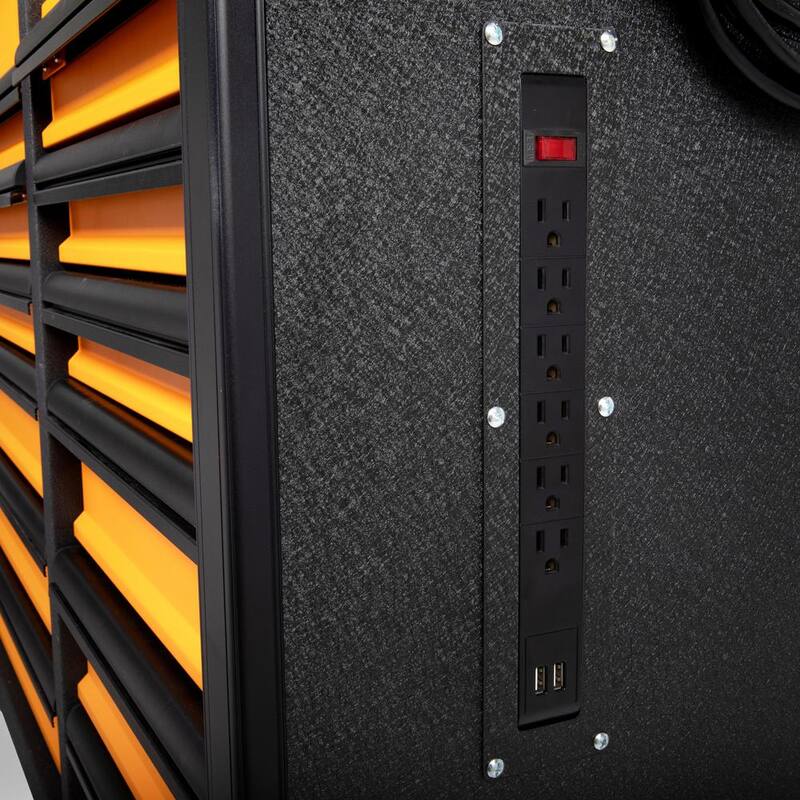 Gabinete rodante de herramientas de 72 pulgadas de ancho x 25 pulgadas de profundidad con 18 cajones en color naranja y negro, con encimera de acero inoxidable y jaladeras negras