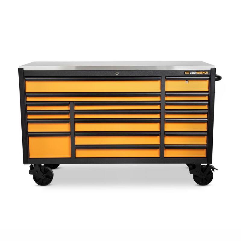 Gabinete rodante de herramientas de 72 pulgadas de ancho x 25 pulgadas de profundidad con 18 cajones en color naranja y negro, con encimera de acero inoxidable y jaladeras negras