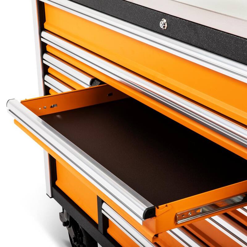 Gabinete de trabajo móvil con ruedas de color naranja y negro de 18 cajones de GEARWRENCH GSX de 72 pulgadas de ancho x 25 pulgadas de profundidad con cubierta de trabajo de acero inoxidable - 83249.