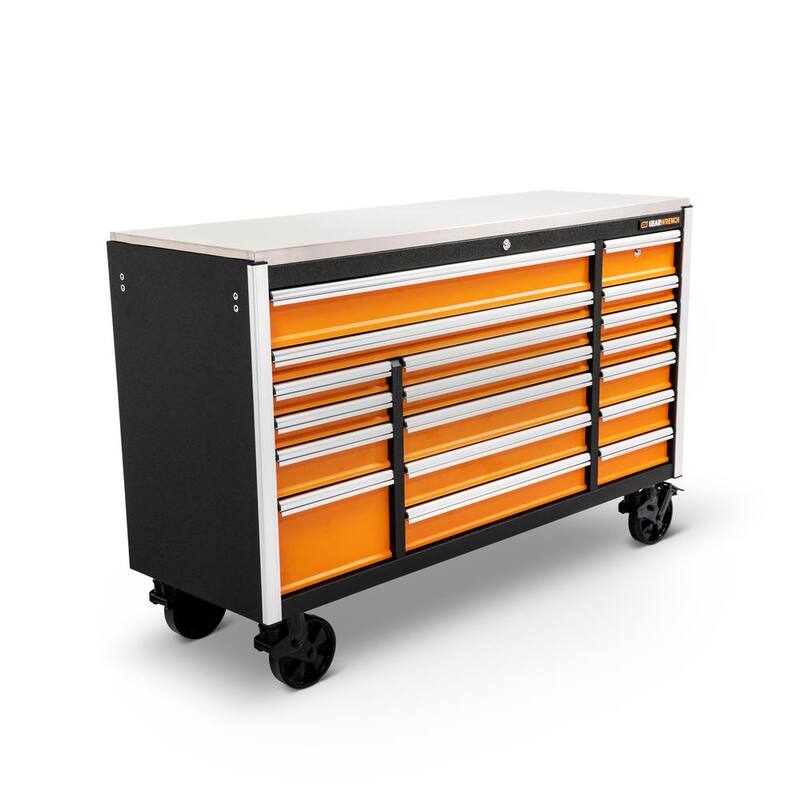 Gabinete de trabajo móvil con ruedas de color naranja y negro de 18 cajones de GEARWRENCH GSX de 72 pulgadas de ancho x 25 pulgadas de profundidad con cubierta de trabajo de acero inoxidable - 83249.