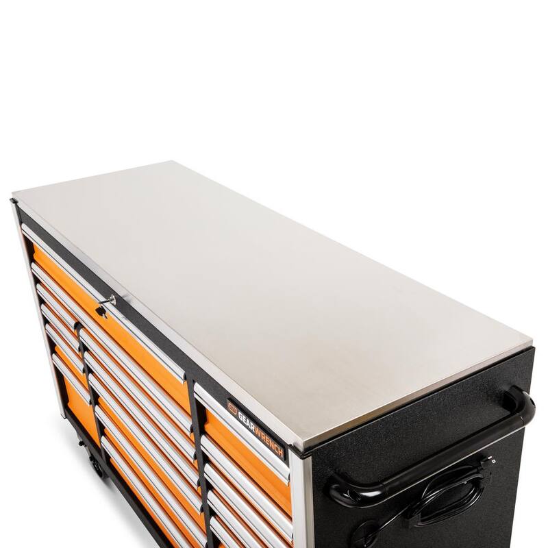 Gabinete de trabajo móvil con ruedas de color naranja y negro de 18 cajones de GEARWRENCH GSX de 72 pulgadas de ancho x 25 pulgadas de profundidad con cubierta de trabajo de acero inoxidable - 83249.