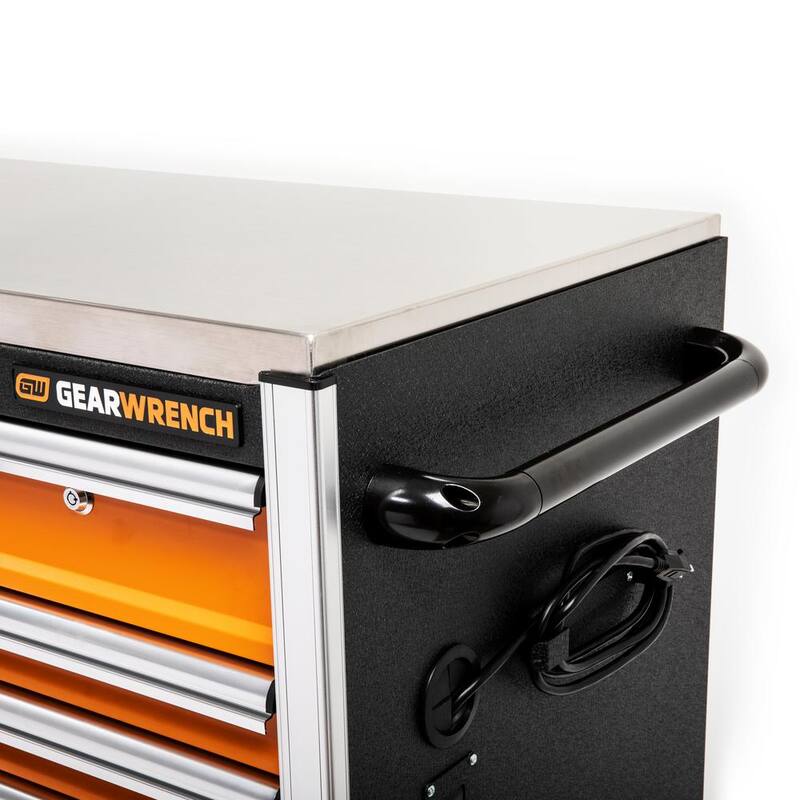 Gabinete de trabajo móvil con ruedas de color naranja y negro de 18 cajones de GEARWRENCH GSX de 72 pulgadas de ancho x 25 pulgadas de profundidad con cubierta de trabajo de acero inoxidable - 83249.