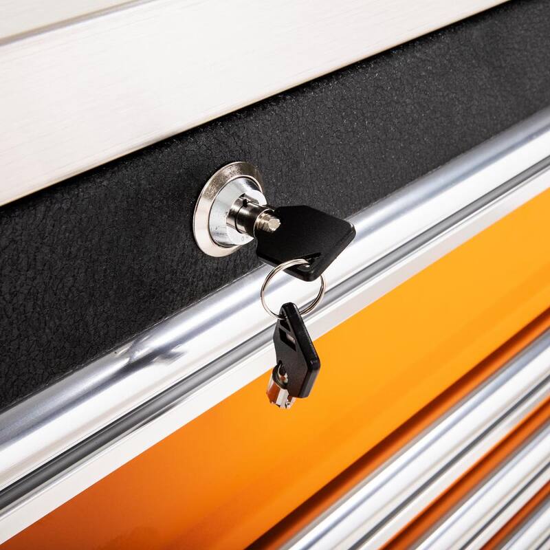Gabinete de trabajo móvil con ruedas de color naranja y negro de 18 cajones de GEARWRENCH GSX de 72 pulgadas de ancho x 25 pulgadas de profundidad con cubierta de trabajo de acero inoxidable - 83249.