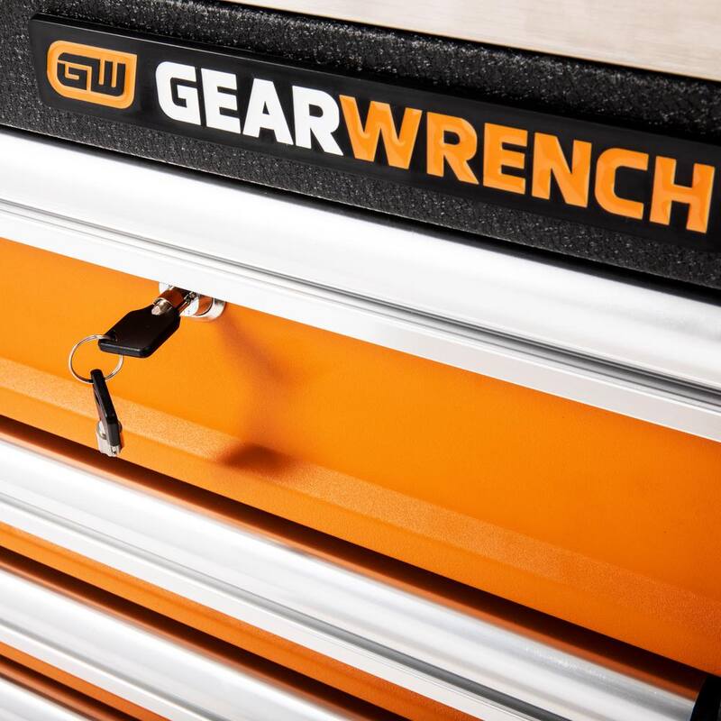 Gabinete de trabajo móvil con ruedas de color naranja y negro de 18 cajones de GEARWRENCH GSX de 72 pulgadas de ancho x 25 pulgadas de profundidad con cubierta de trabajo de acero inoxidable - 83249.