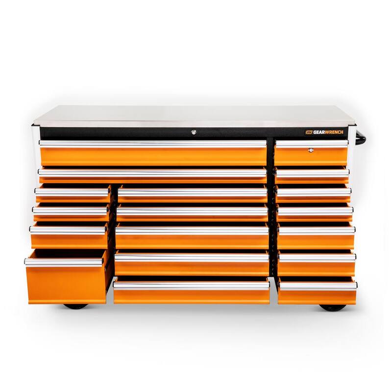 Gabinete de trabajo móvil con ruedas de color naranja y negro de 18 cajones de GEARWRENCH GSX de 72 pulgadas de ancho x 25 pulgadas de profundidad con cubierta de trabajo de acero inoxidable - 83249.