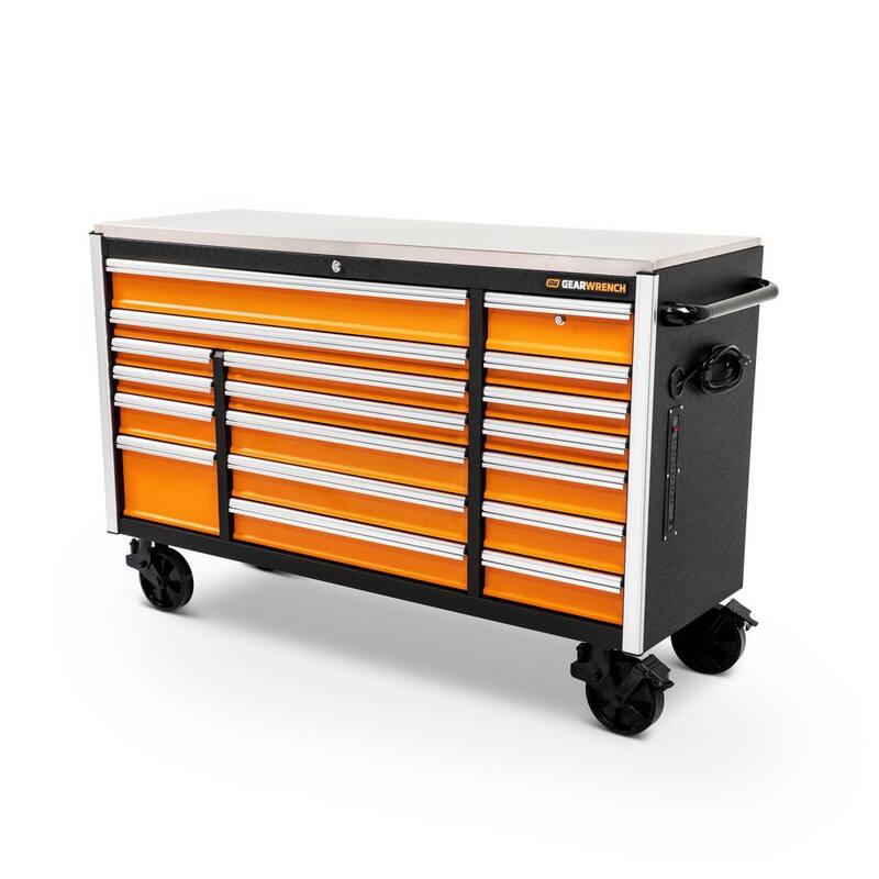 Gabinete de trabajo móvil con ruedas de color naranja y negro de 18 cajones de GEARWRENCH GSX de 72 pulgadas de ancho x 25 pulgadas de profundidad con cubierta de trabajo de acero inoxidable - 83249.