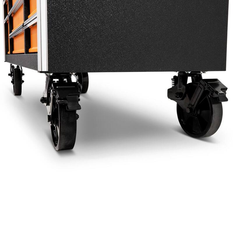 Gabinete de trabajo móvil con ruedas de color naranja y negro de 18 cajones de GEARWRENCH GSX de 72 pulgadas de ancho x 25 pulgadas de profundidad con cubierta de trabajo de acero inoxidable - 83249.