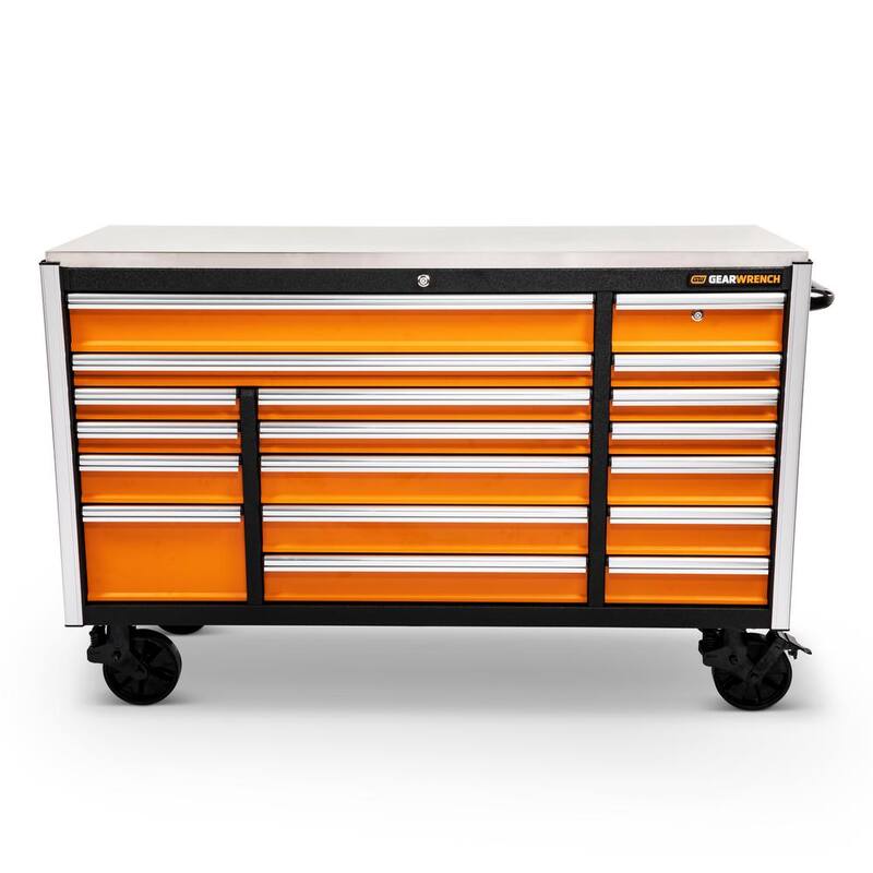 Gabinete de trabajo móvil con ruedas de color naranja y negro de 18 cajones de GEARWRENCH GSX de 72 pulgadas de ancho x 25 pulgadas de profundidad con cubierta de trabajo de acero inoxidable - 83249.