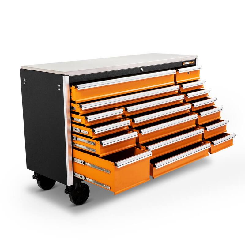 Gabinete de trabajo móvil con ruedas de color naranja y negro de 18 cajones de GEARWRENCH GSX de 72 pulgadas de ancho x 25 pulgadas de profundidad con cubierta de trabajo de acero inoxidable - 83249.