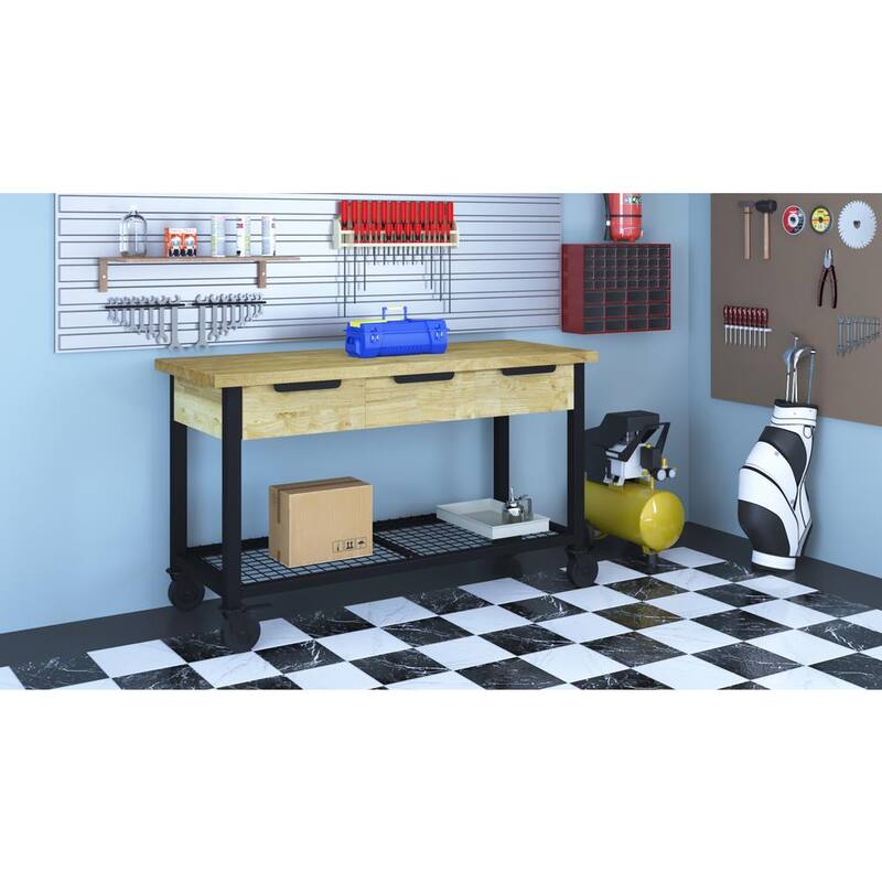 DURAMAX Rove 62 pulgadas de ancho x 24 pulgadas de profundidad 3 cajones de arce de goma banco de trabajo móvil de rubberwood con tapa de madera sólida - 68004