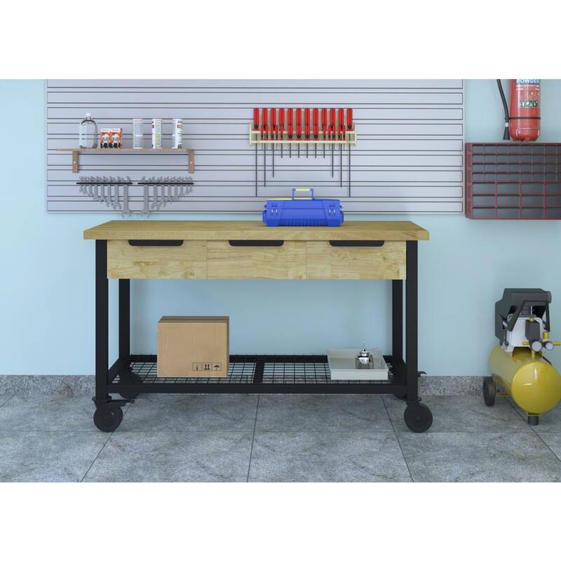 DURAMAX Rove 62 pulgadas de ancho x 24 pulgadas de profundidad 3 cajones de arce de goma banco de trabajo móvil de rubberwood con tapa de madera sólida - 68004