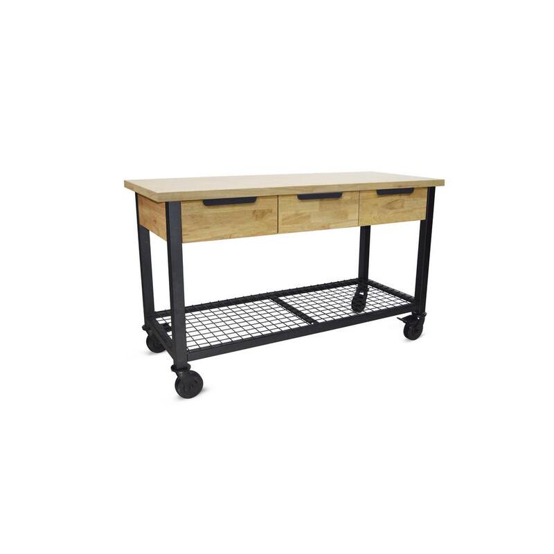 DURAMAX Rove 62 pulgadas de ancho x 24 pulgadas de profundidad 3 cajones de arce de goma banco de trabajo móvil de rubberwood con tapa de madera sólida - 68004