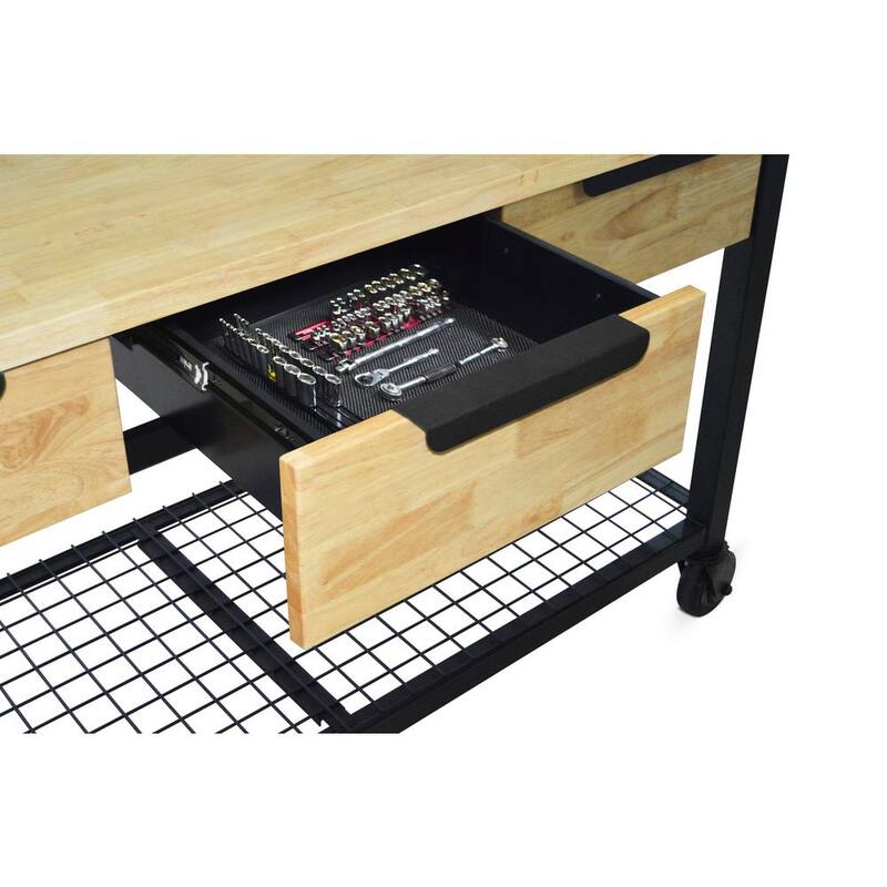 DURAMAX Rove 62 pulgadas de ancho x 24 pulgadas de profundidad 3 cajones de arce de goma banco de trabajo móvil de rubberwood con tapa de madera sólida - 68004